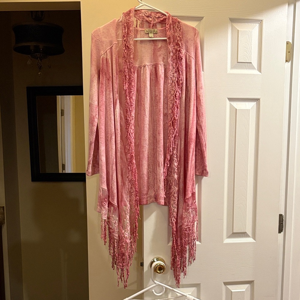 One world Fringed Cardigan dusty Rose Vintage Small EUC
